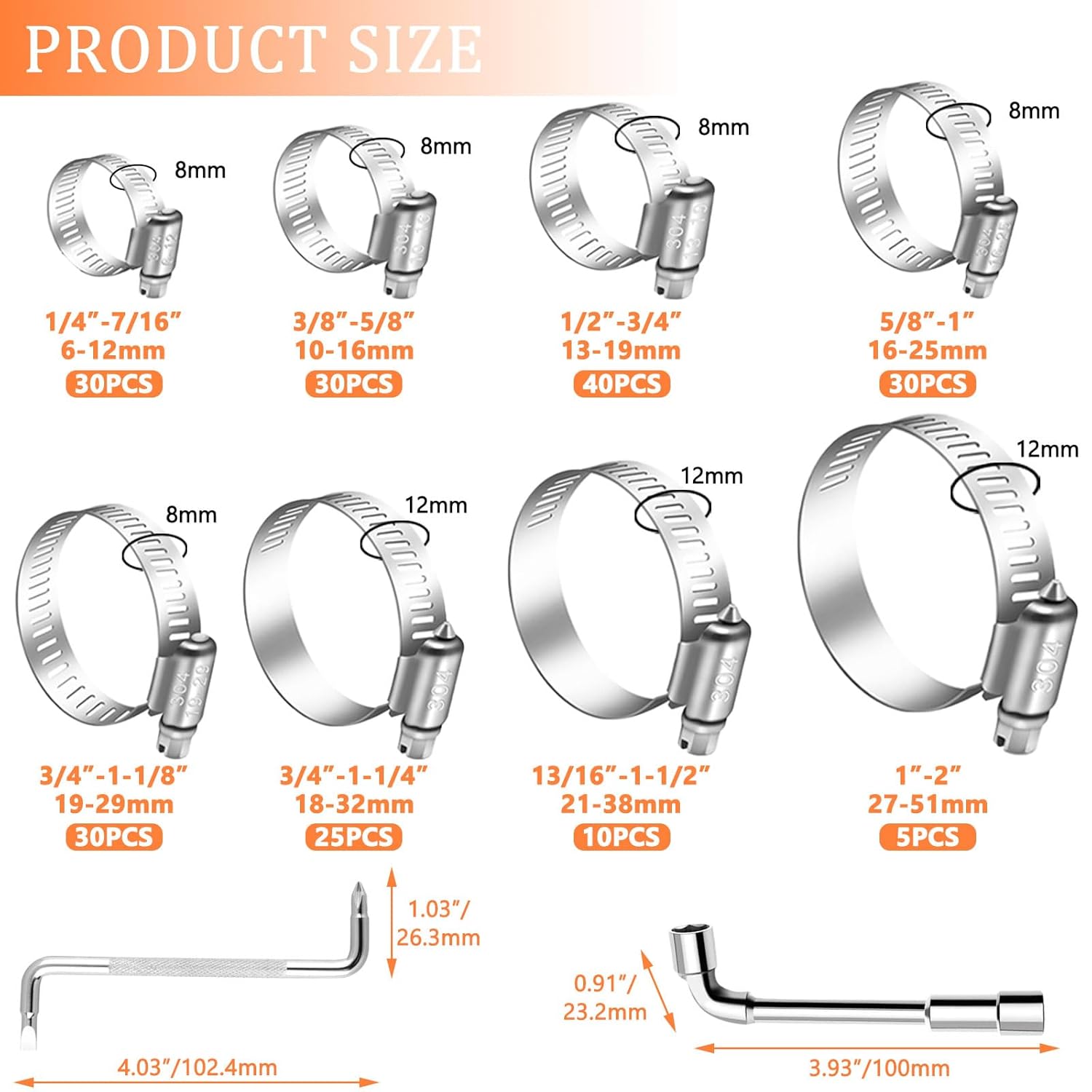Hose Clamp Assortment 202PCS 304 Stainless Steel Hose Clamp Kit 1/4"–2"(6-51mm) Worm Gear Hose Clamps Heavy Duty Small Hose Clamps for Automotive Radiator Pipe,Plumbing,Fuel Line