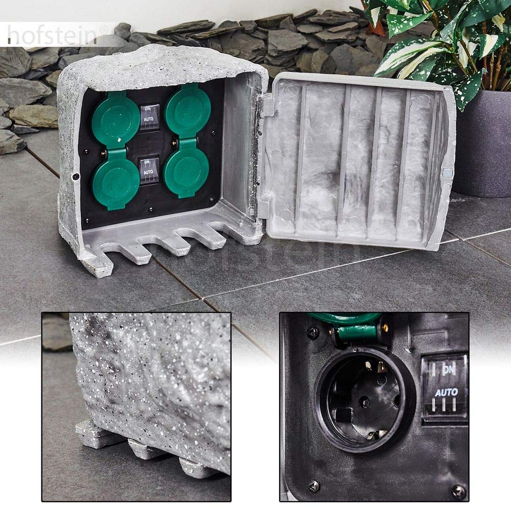 HOFSTEIN Außensteckdose Tinú, Gartensteckdose aus Metall in Steinoptik mit Dämmerungssensor u. 4 Steckdosen mit Klappdeckeln, Festinstallation, Mehrfachsteckdose, Garten, Terrasse, Außenbereich, IP 44