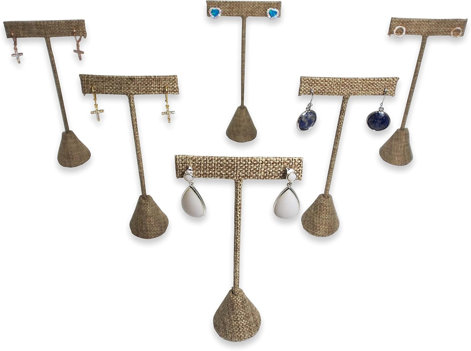 6Pcs Set Earring T Stand Display Set, Jewelry Display Stand for Showroom and Tradeshow Showcase Displays, various materials, 4 1/2 H in; 5 3/4 H in; 6 3/4 H in (Burlap)