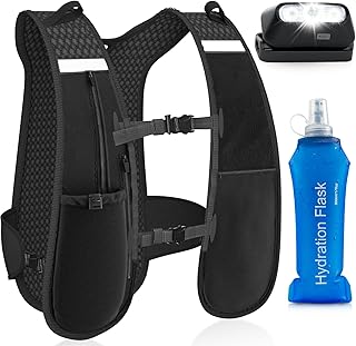 Nextyu Hydration Vest Running Backpack, Lightweight Reflective Running Vest Pack with 500ml Soft Water Bottle and Headlamp for Men Women Outdoor Cycling Marathon Trail Race Hiking Climbing