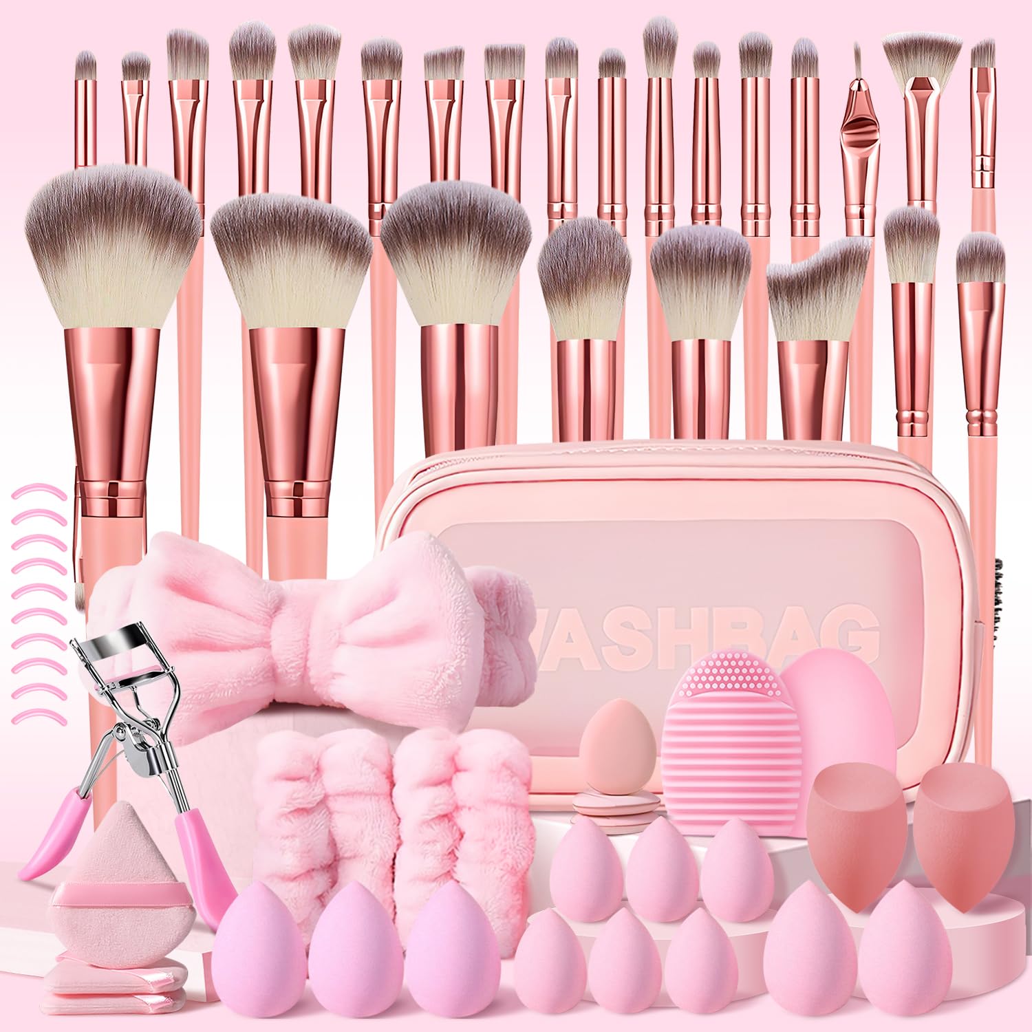 HGHDBT 61Pcs Pink Makeup Brushes Set Professional with Case Premium Synthetic for Blush Foundation Eye Shadow Concealer Powder Eye & Face Make up Brush Kit with Beauty Blender Sponge Set Tools