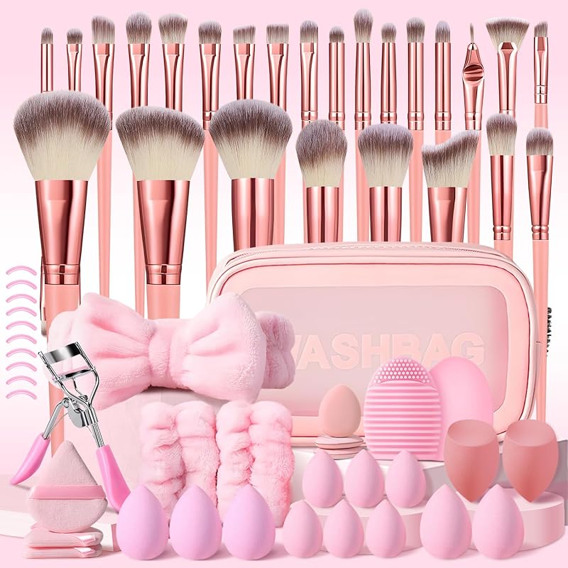Kit de Pincéis de Maquiagem HGHDBT Rosa com Estojo e Esponja