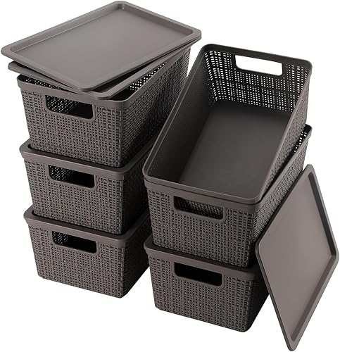 Paquete de 6 cestas de almacenamiento de plástico con tapas, contenedores de almacenamiento apilables grises transpirables, pequeños contenedores de
