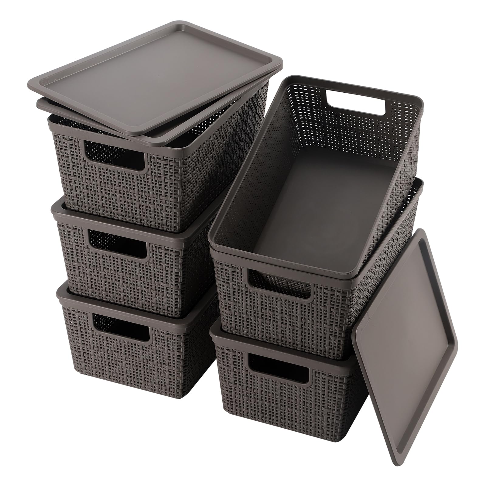 6 Pack Plastic Storage Baskets With Lids,Grey Breathable Stackable Storage Bins,Small Storage Containers,for Organizing Storage Baskets on Desktops,Closets,Playrooms,Classrooms,Offices