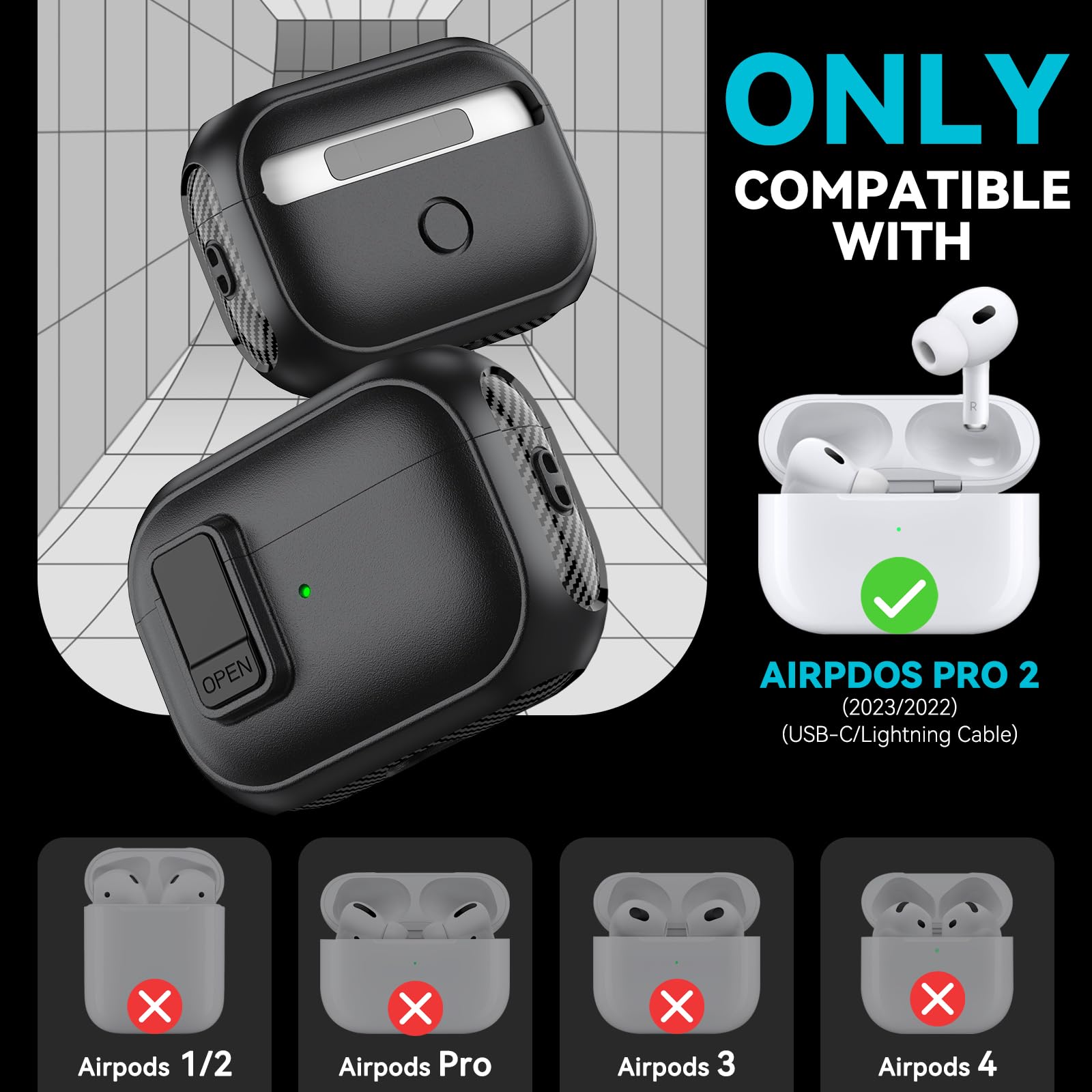 Inesore Compatible with AirPods Pro 2nd Generation Case,?with Lock Clip? Carbon Fiber Design Protection Case for Airpods Pro 2nd/1st Gen (2023/2022/2019) with Lanyard/Cleaning Pen - Balck