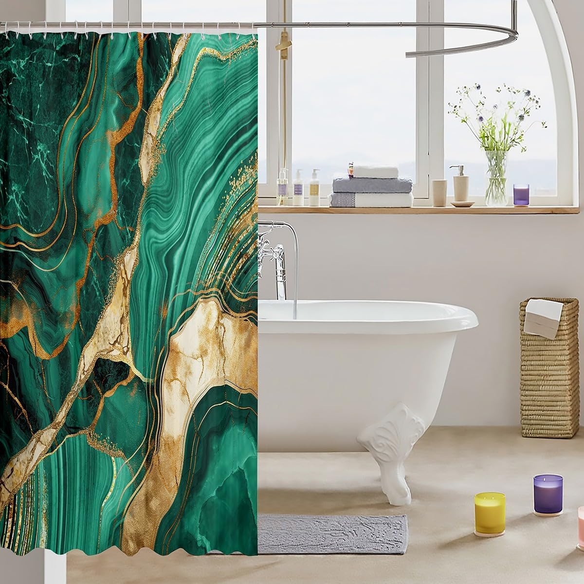 Erosebridal Gold Teal Marble Shower Curtain 72" Wx84 L, Marbling Crack Bathroom Shower Curtain Sets, Abstract Metallic Texture Fabric Shower Curtain, Luxury Shinny Boho Hippie Fluid Bath Curtain