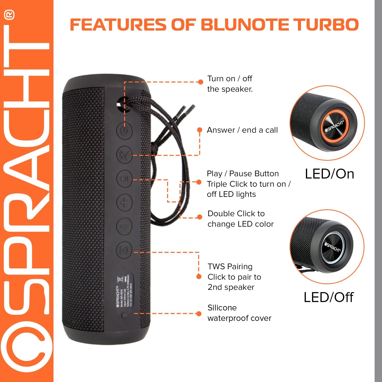 Diagram illustrating the control buttons and features of the Blunote Turbo speaker, including power, call, play/pause, volume, and TWS pairing.