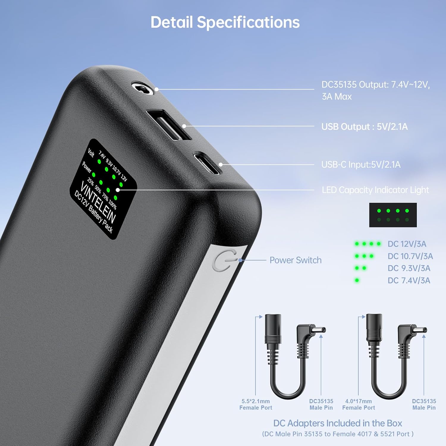 DC 7.4V 12V Heated Vest/Jacket Battery Pack 30000mAh Universal Replacement Power Bank for ORORO Debwu Milwaukee Dewalt Genovega Bosch Electric Heating Coat/Hoodie/Blanket/Chair/Stadium Seat Cushion - Image 2