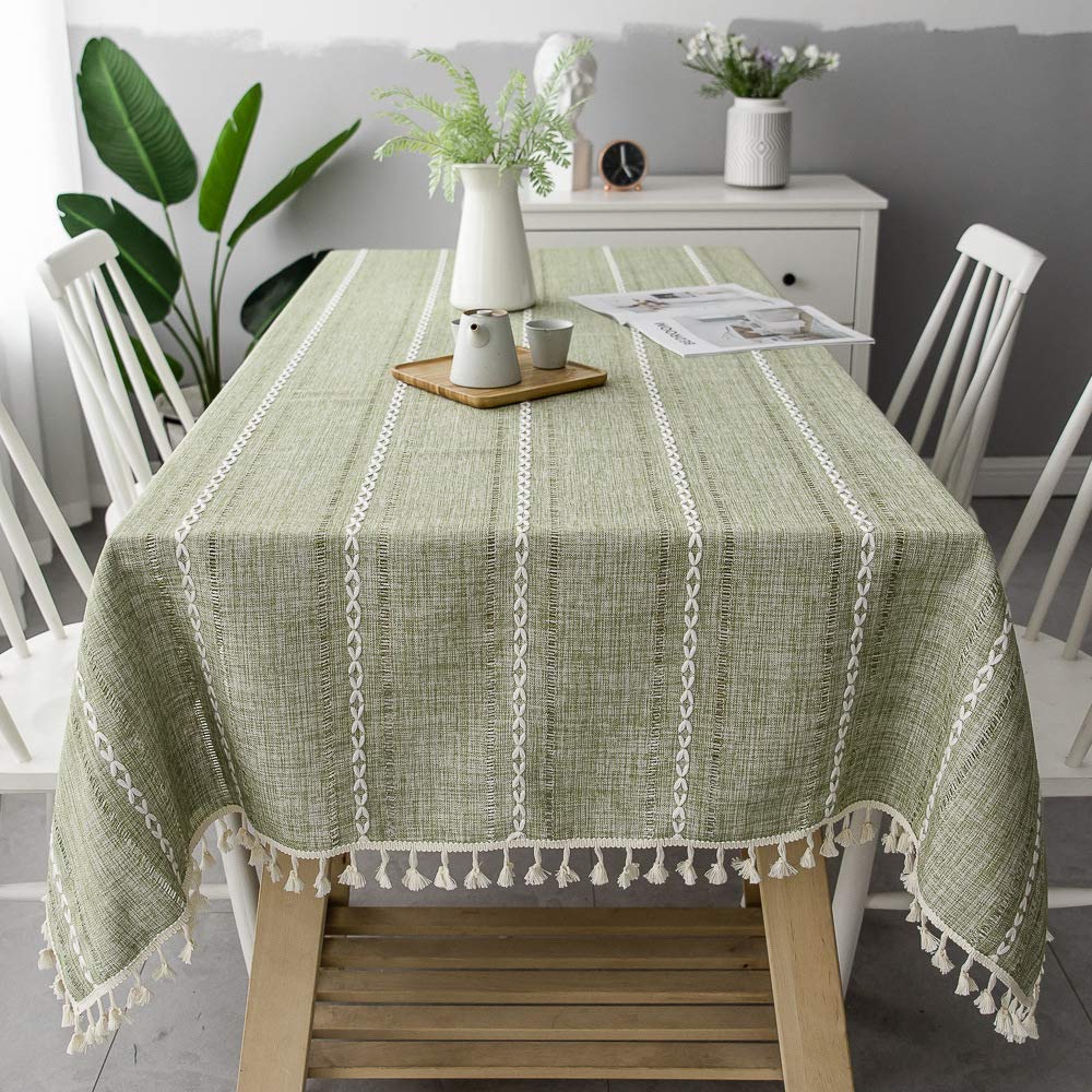 Wondder Cotton Linen Table Cloth Tassel Tablecloth for Party Banquet Dining Table Cover (Green striped hollow, 140x200cm(55x78.7inch))
