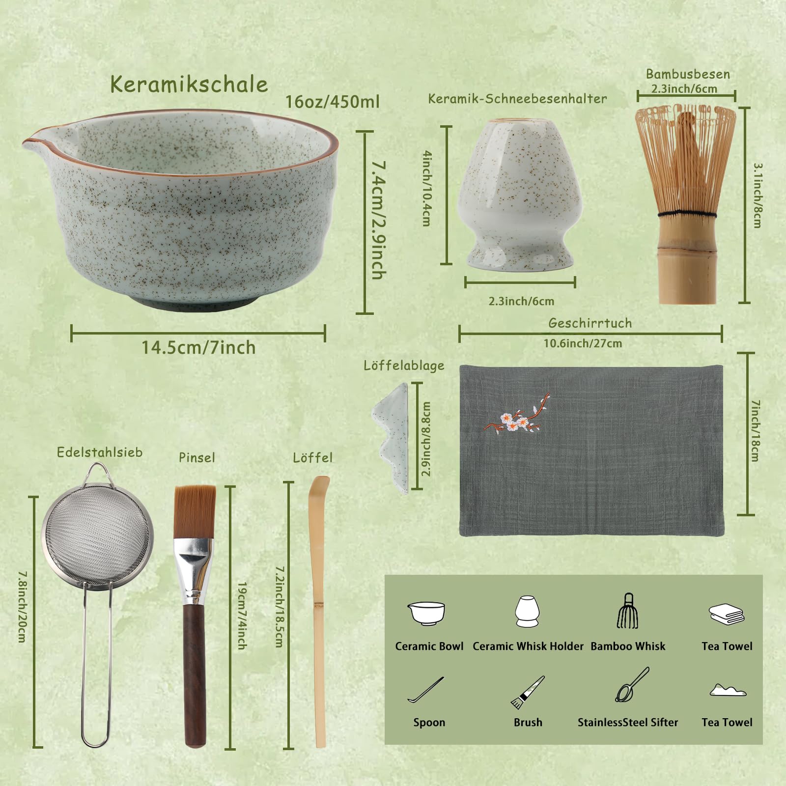 WERTIOO Matcha Set 8 Stück mit Handbuch - Matcha Tee Set, inkl. Keramik Matcha Schale, Schneebesenständer, Matcha besen, Matcha Sieb, Bambuslöffel, Perfektes Teegeschenk für Matcha Liebhaber (Grün)