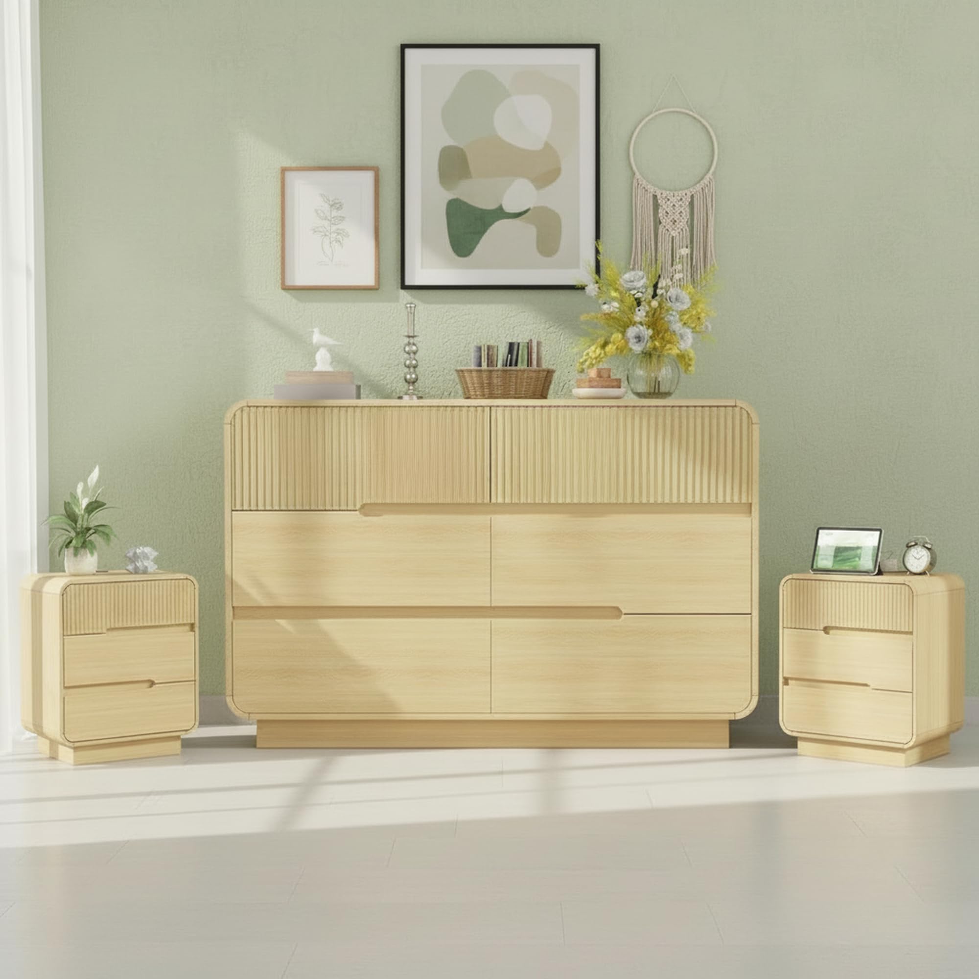 3-Piece Bedroom Furniture Set, 47.2" Wide Dresser with 6 Drawers and 2 Nightstand Sets for Bedroom, Bedroom Sets with Anti-Tipping Design, Modern Wood