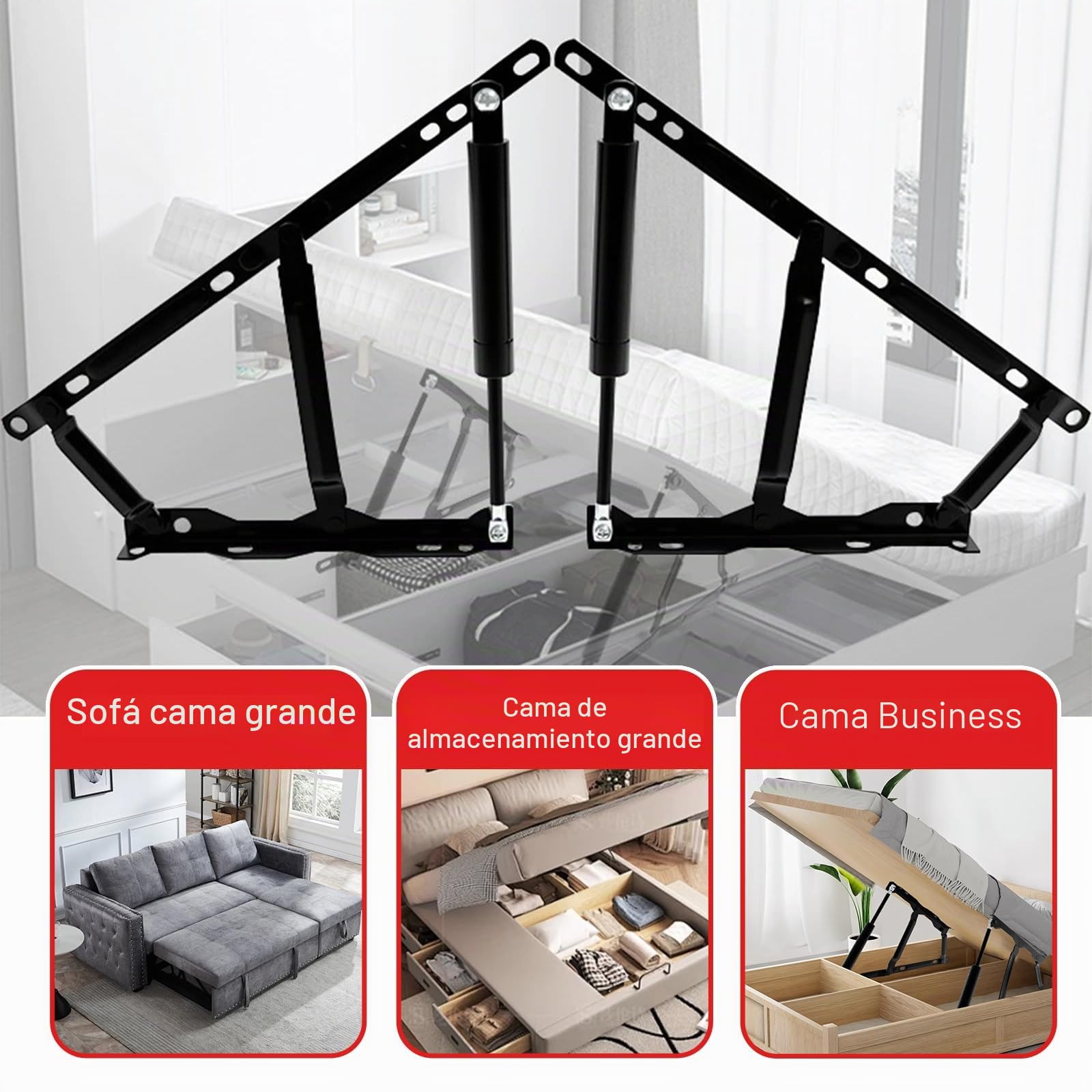 Mecanismo de elevación de cama neumático, 2 unidades, 100 kg, resorte de gas para cajas de cama pesadas, bisagras, bisagras, bisagra plegable para sofá