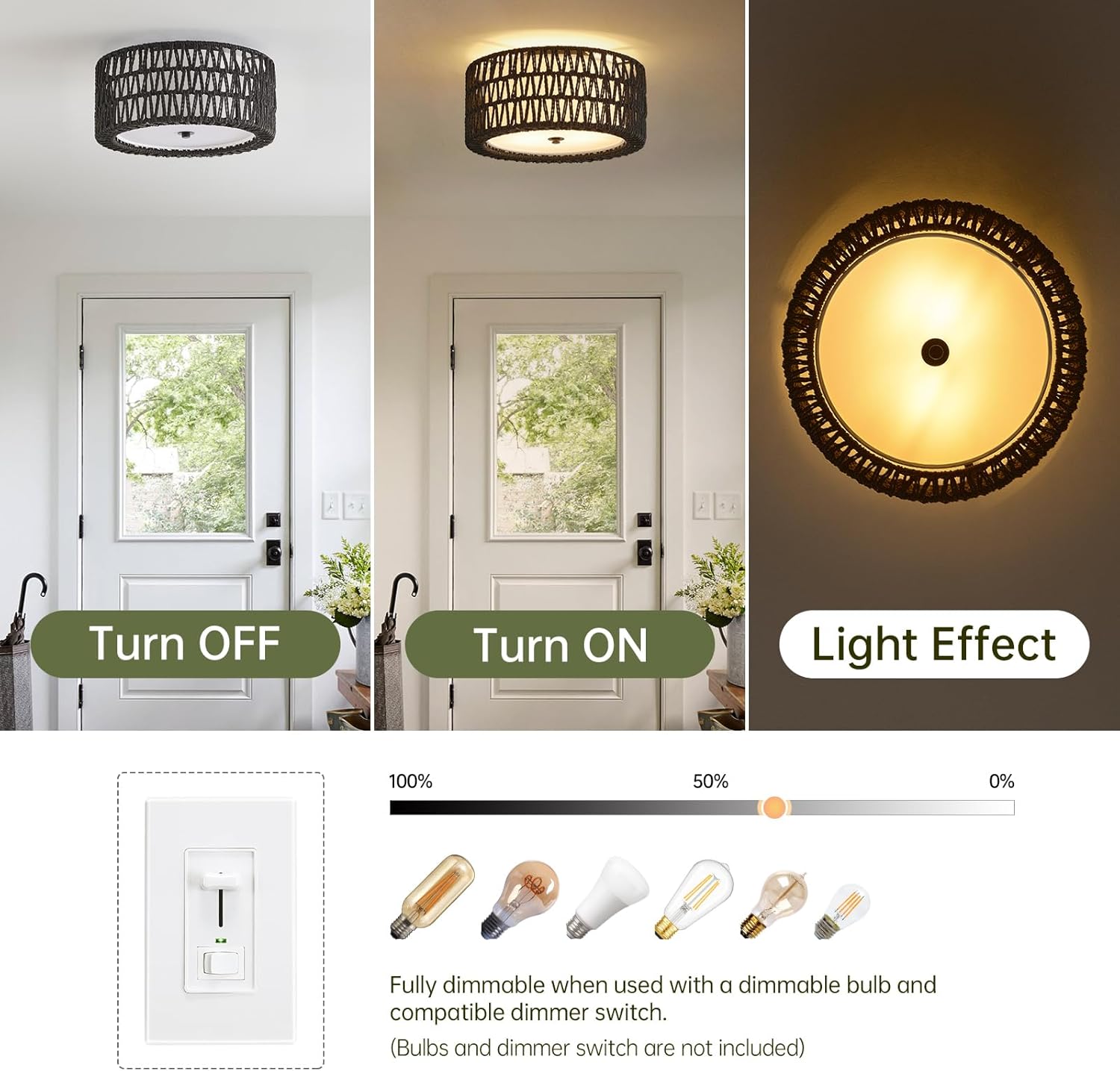 Boho Black Ceiling Light Fixtures 2-Light Rattan Flush Mount Ceiling Light, 12.6" Modern Light Fixture Close to Ceiling Light for Bedroom Nursery Foyer Hallway Entryway Kids Room