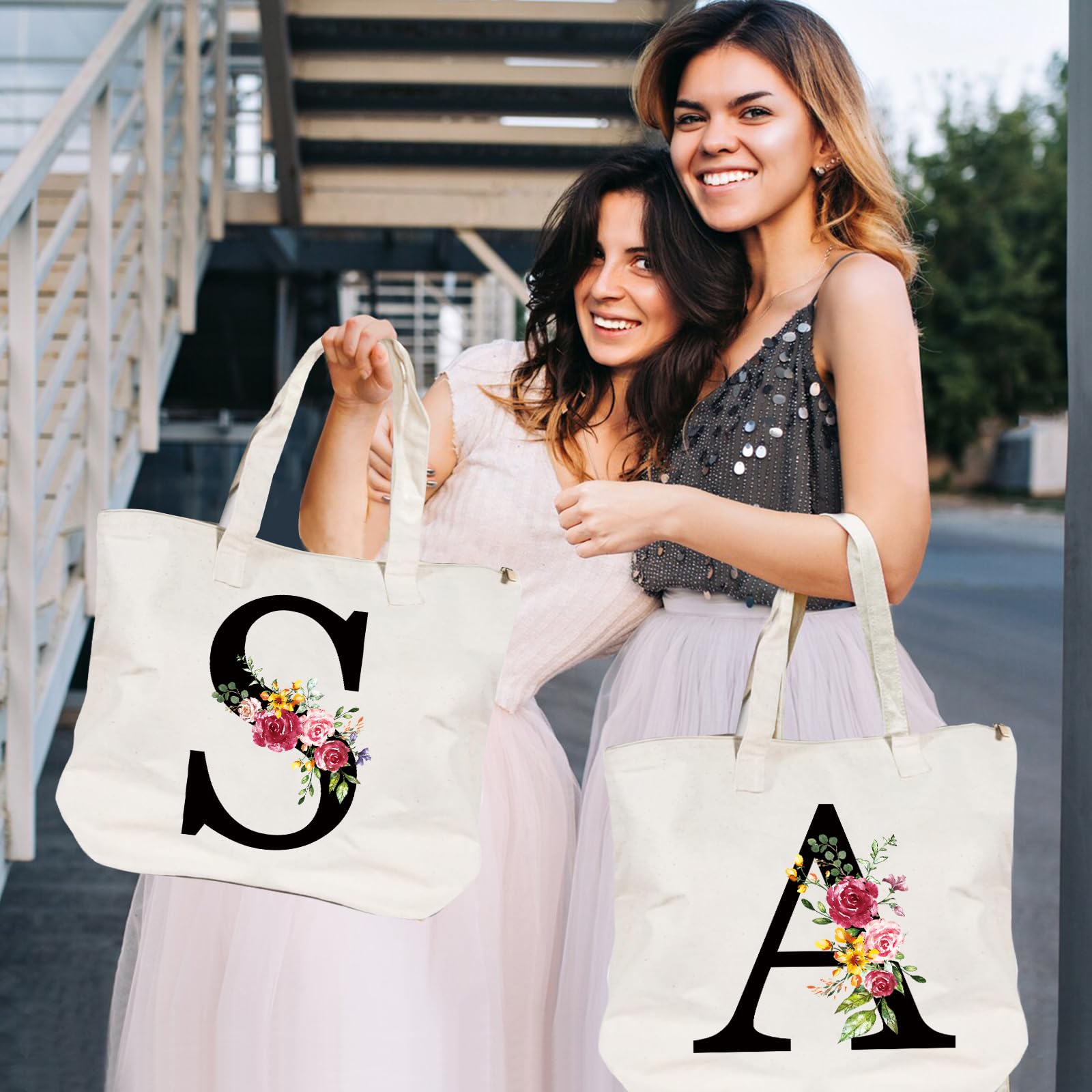 Sac Fourre-Tout en Toile Tote Bag Personnalisé avec Initiale Fleur pour Femme