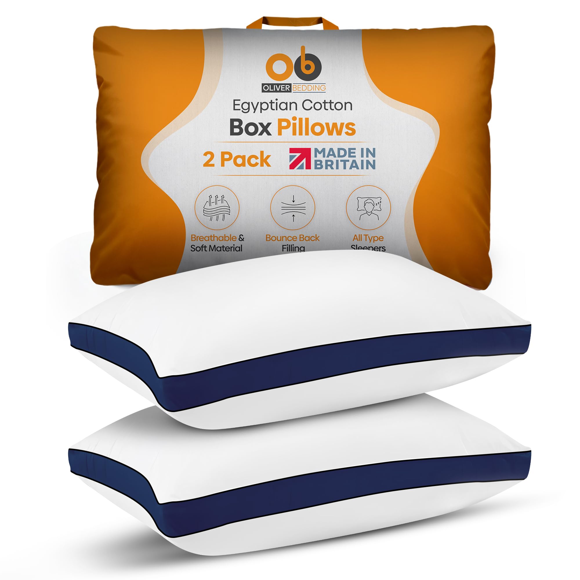 Premium Egyptian Cotton Box Pillows Hotel Quality Pillows for Back Stomach and Side Sleepers Down Alternative Filling Bed Pillow Hypoallergenic Breathable Washable Cover (Pack of 2) (Navy)