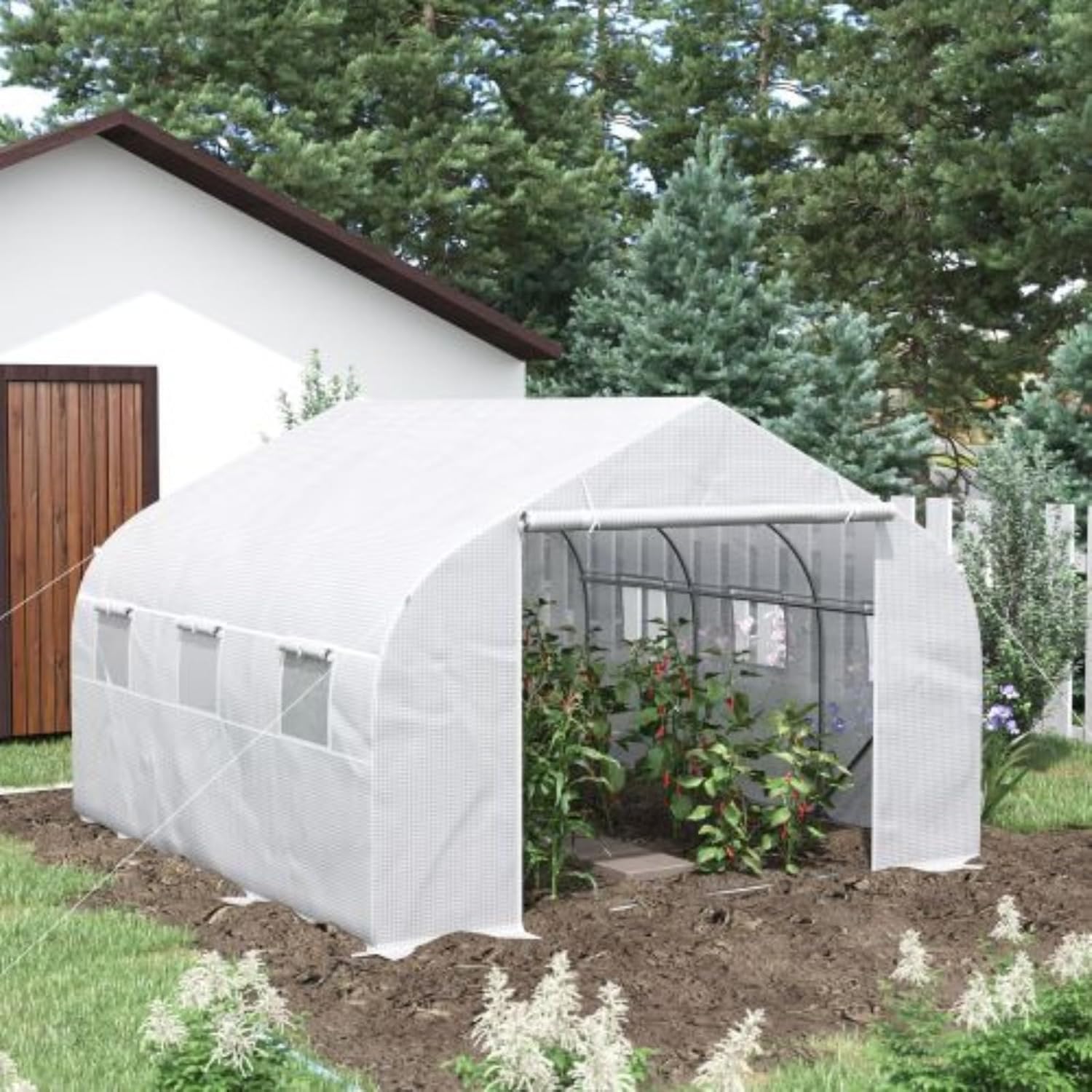 12' X 10' X 7' Walk-in Greenhouse, Plant Shed, Tunnel Greenhouse with Zippered Mesh Door and 6 Mesh Windows, Horticultural Plant Greenhouse with Galvanized Steel Frame, White