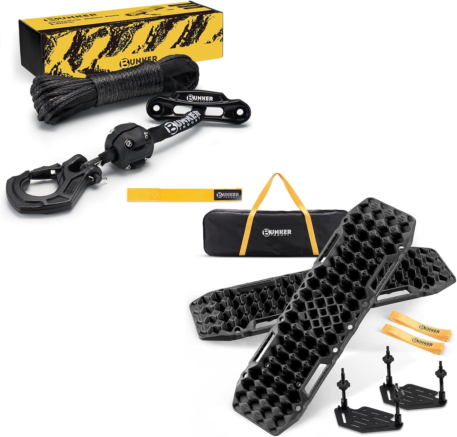 BUNKER INDUST Gen 7th Traction Boards with Mounting Kit + 3/16" x 50' 8200 LBS Winch Line Cable Replacement with Protective Sleeve+Winch Fairlead+ Stopper+Hook