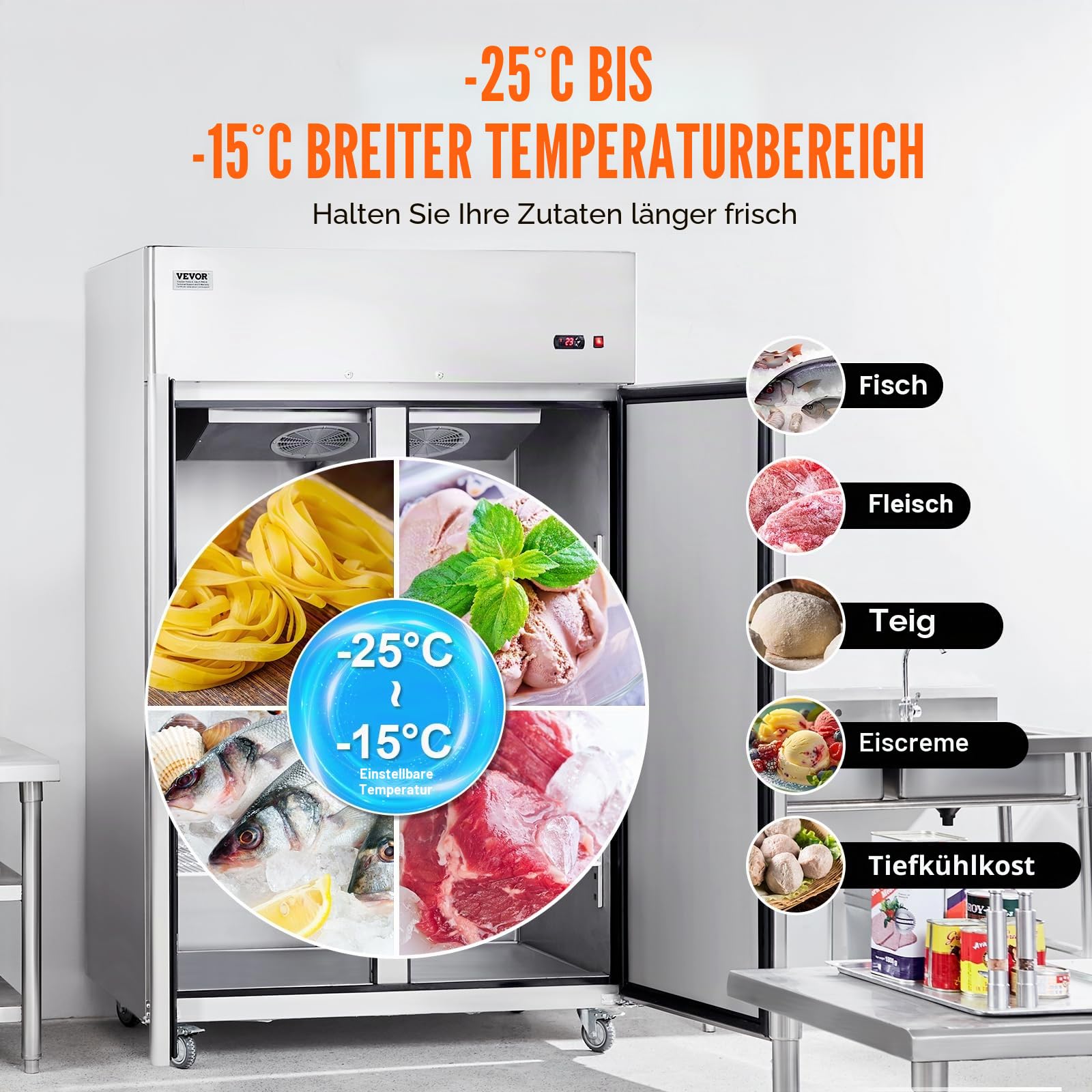 VEVOR Gewerbe-Gefrierschrank 1100 L, Gefrierschrank mit 2 Türen, Edelstahl-Gefrierschrank mit automatischer Abtauung, 6 verstellbaren Ablagen, Temperaturregelung von -25 bis -15 °C und 4 Rädern