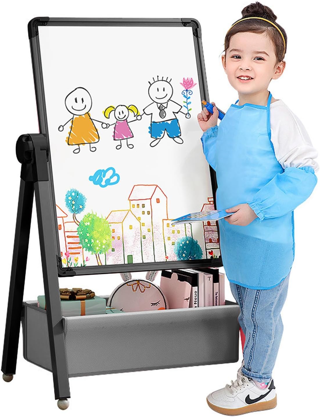 art easel for kids, double sided kids easel drawing board, whiteboard & blackboard, 360°rotating adjustable(black)