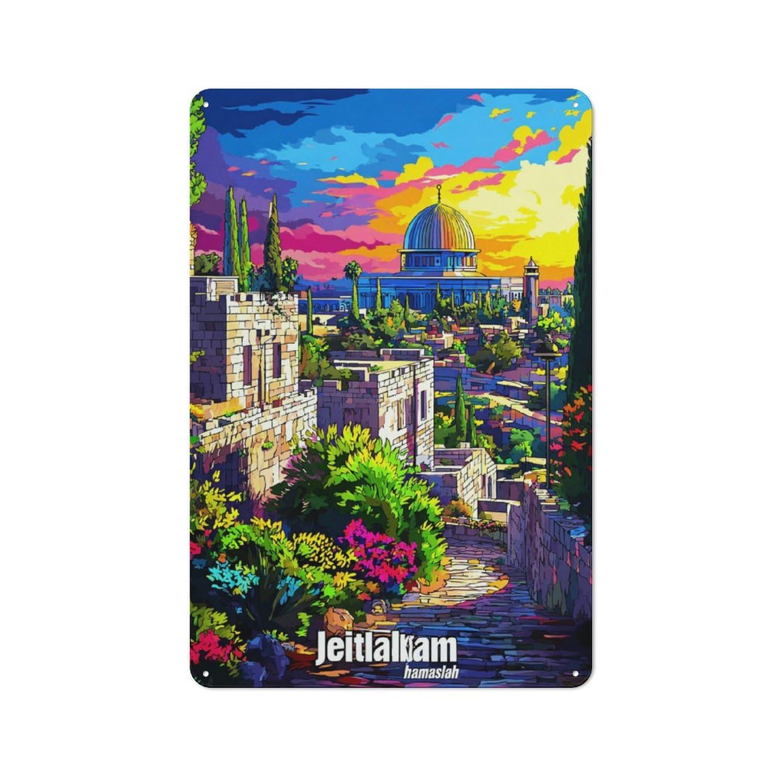Retro Metal Plaque 30x20cm Featuring Jerusalem's Dome of The Rock at Sunset, Bistro Wall Plaque for Bakery, Diner, Cafe Or Family Room