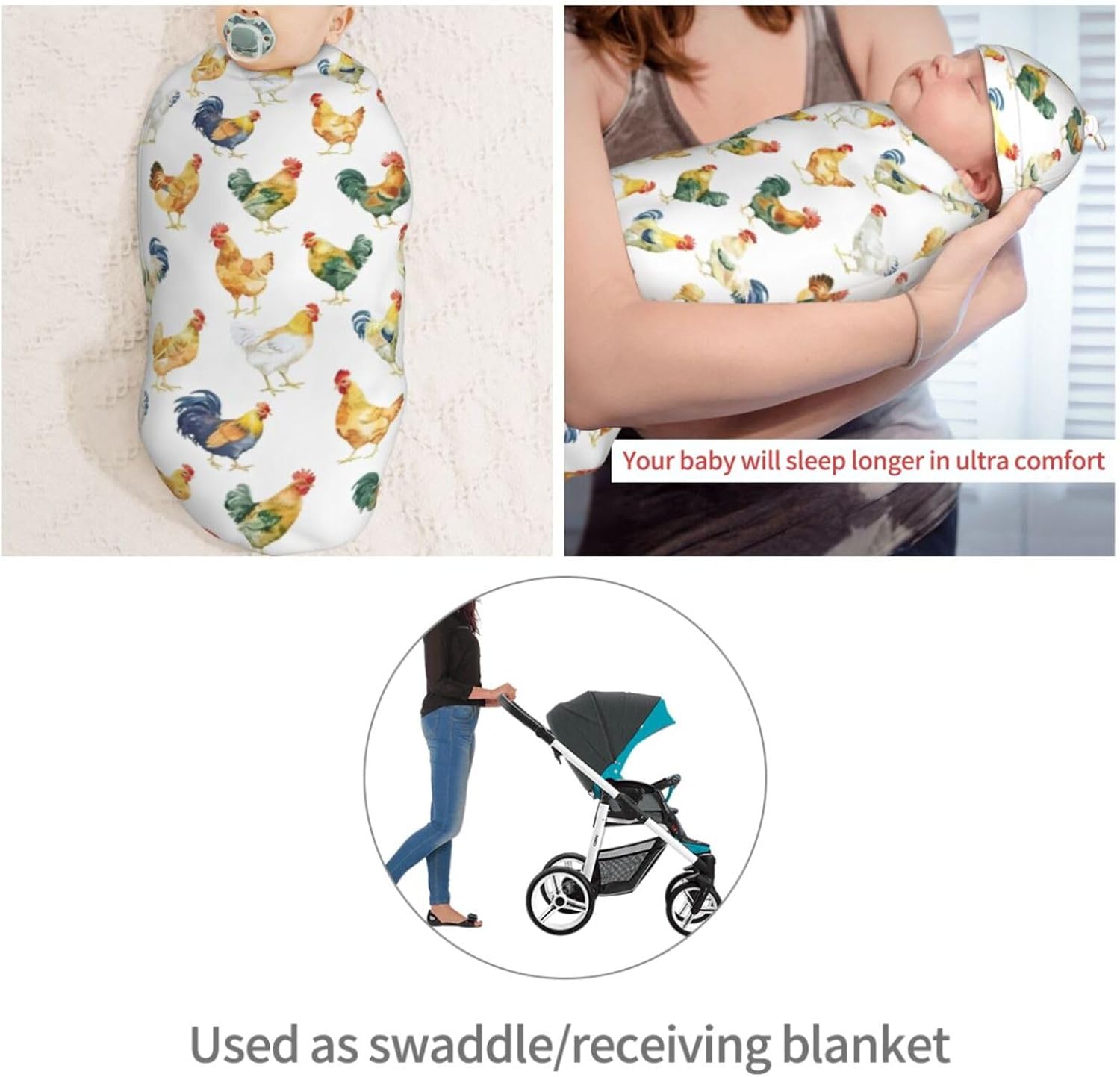 Pretty Colorful Chicken Hens Newborn Swaddle Blanket with Beanie Set Soft Baby Sack Stretch Adjustable Swaddle Wraps Receiving Blankets image 4