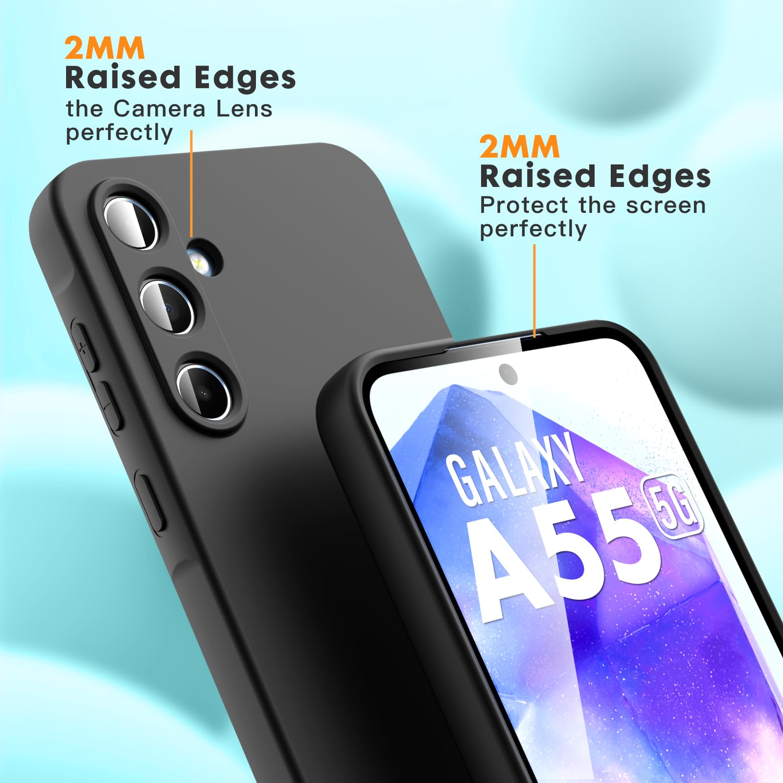 Vansdon Cover Compatibile con Samsung Galaxy A55 5G, 2 Pellicola Protettiva in Vetro Temperato, Gomma Gel di Silicone Liquida Antiurto Custodia - Nero