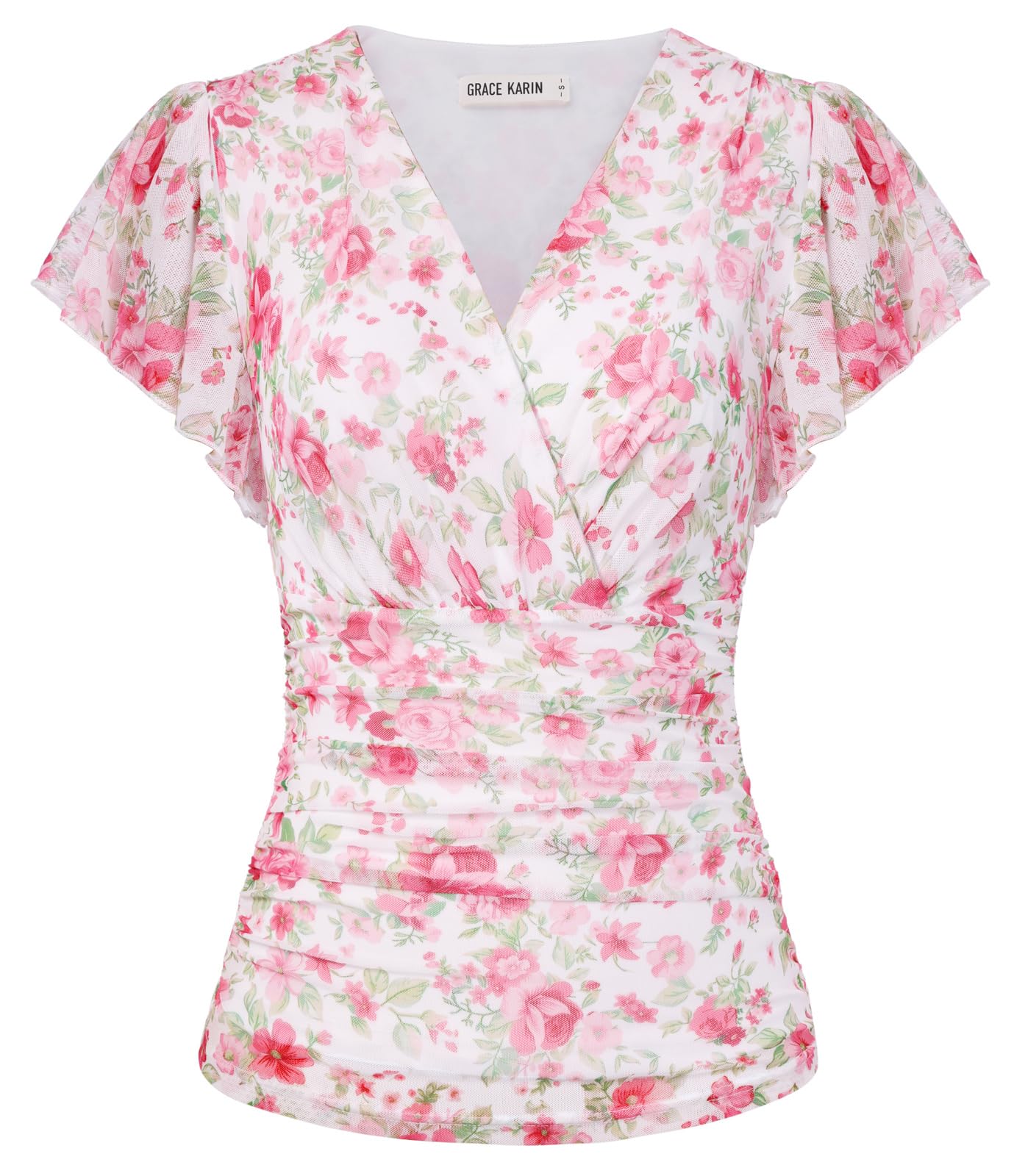 GRACE KARIN Blusas para mujer, diseño floral, estilo bohemio, manga corta, con volantes, para primavera, verano, para salir