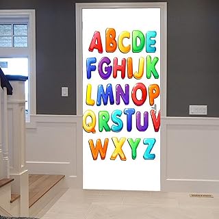 A.Monamour Sticker Porte Autocollant Poster de Porte 3D Lettres Colorées De L'Alphabet pour Les Enfants Fond Blanc Vinyle Affiche de Porte Sticker Mural Papier Peint Art Décor 77 x 200 cm