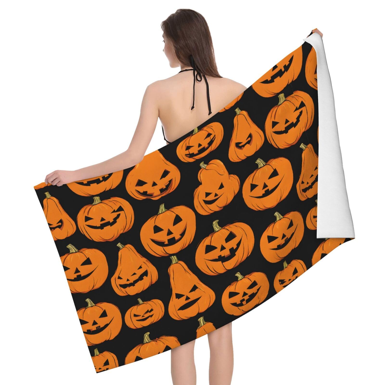 Uenffkdap White Halloween Pumpkin Patterns Microfiber Absorbent Bath Towel, Soft And Absorbent, Used In Bathrooms, Beaches And Swimming Pools.