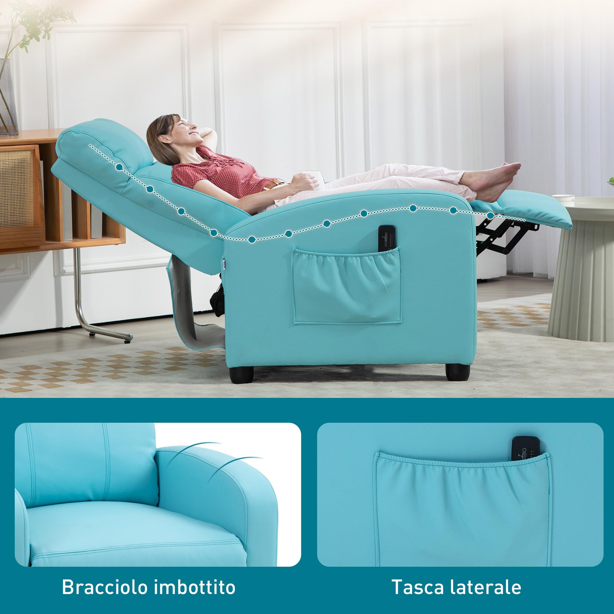 HOMCOM Poltrona Relax Massaggiante con 8 Modalità e 5 Intensità, Poltrona Reclinabile con Poggiapiedi e Telecomando, Pelle PU - 68x88x98 cm, Azzurro
