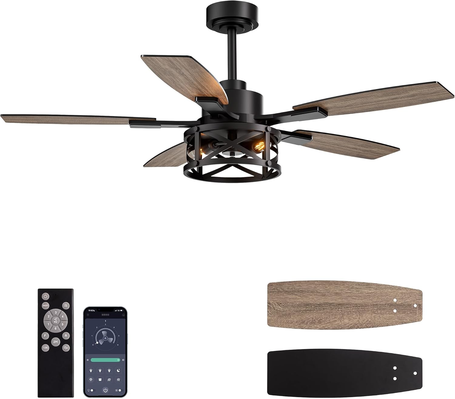 52 Inch Ceiling Fans with Lights and Remote & APP Control, Farmhouse Ceiling Fan with LED Lighting for Bedroom Living Room and Patio, Black Caged Ceiling Fan for Indoor and Outdoor(NO BULB? Black 52 Inch