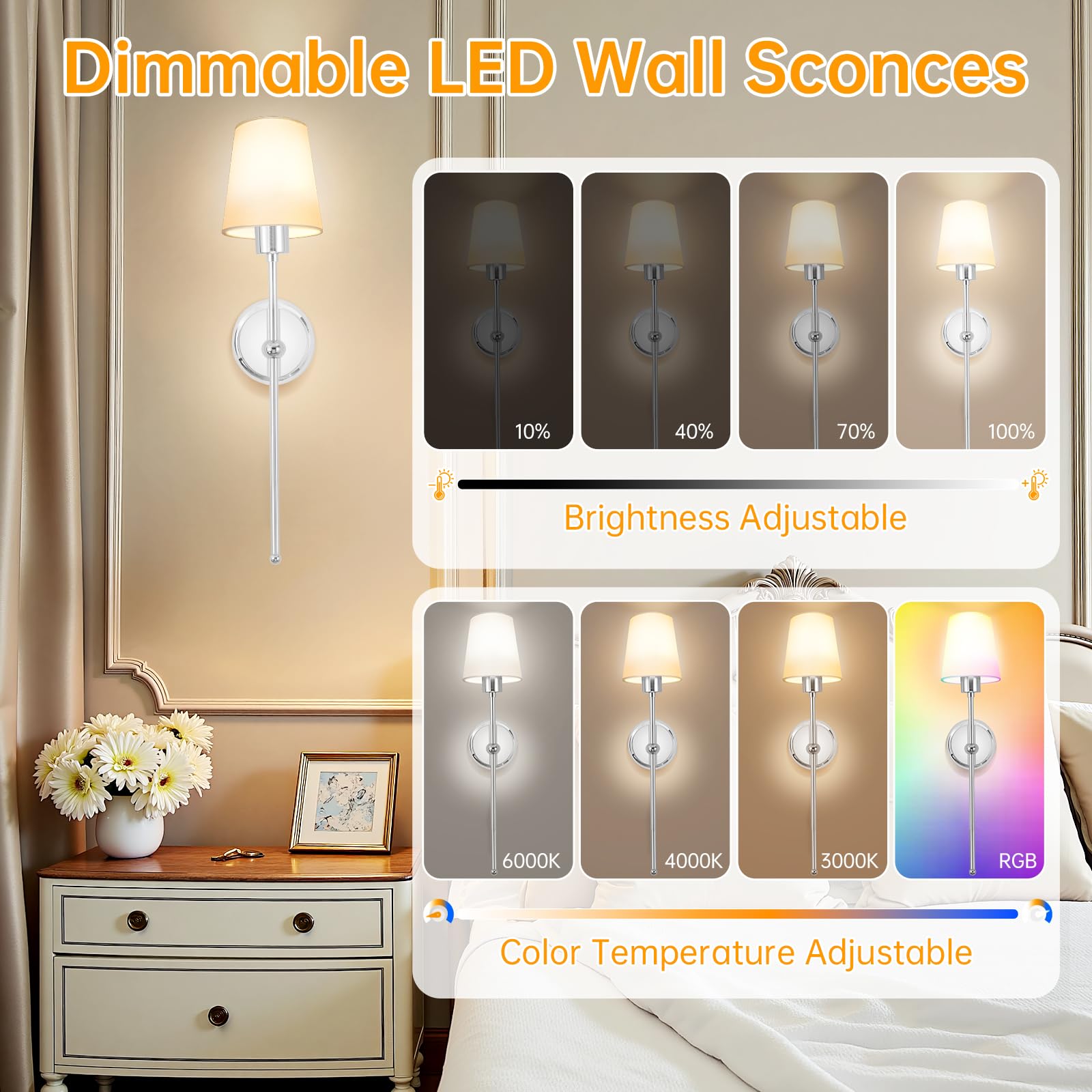 Wandleuchte Innen USB Aufladbare, Wandlampe Akku Dimmbar Drahtlose Wandbeleuchtung mit 3000K-6000K, 12 RGB und Fernbedienung für Schlafzimmer Wohnzimmer Flur Nachttischlampe - Chrom