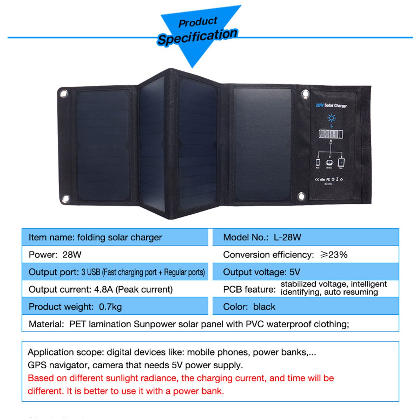 Solar Charging Pad, DC5V 28W 23% Conversion Rate Portable Wide Compatibility Safe Solar Phone Charger for Outdoor