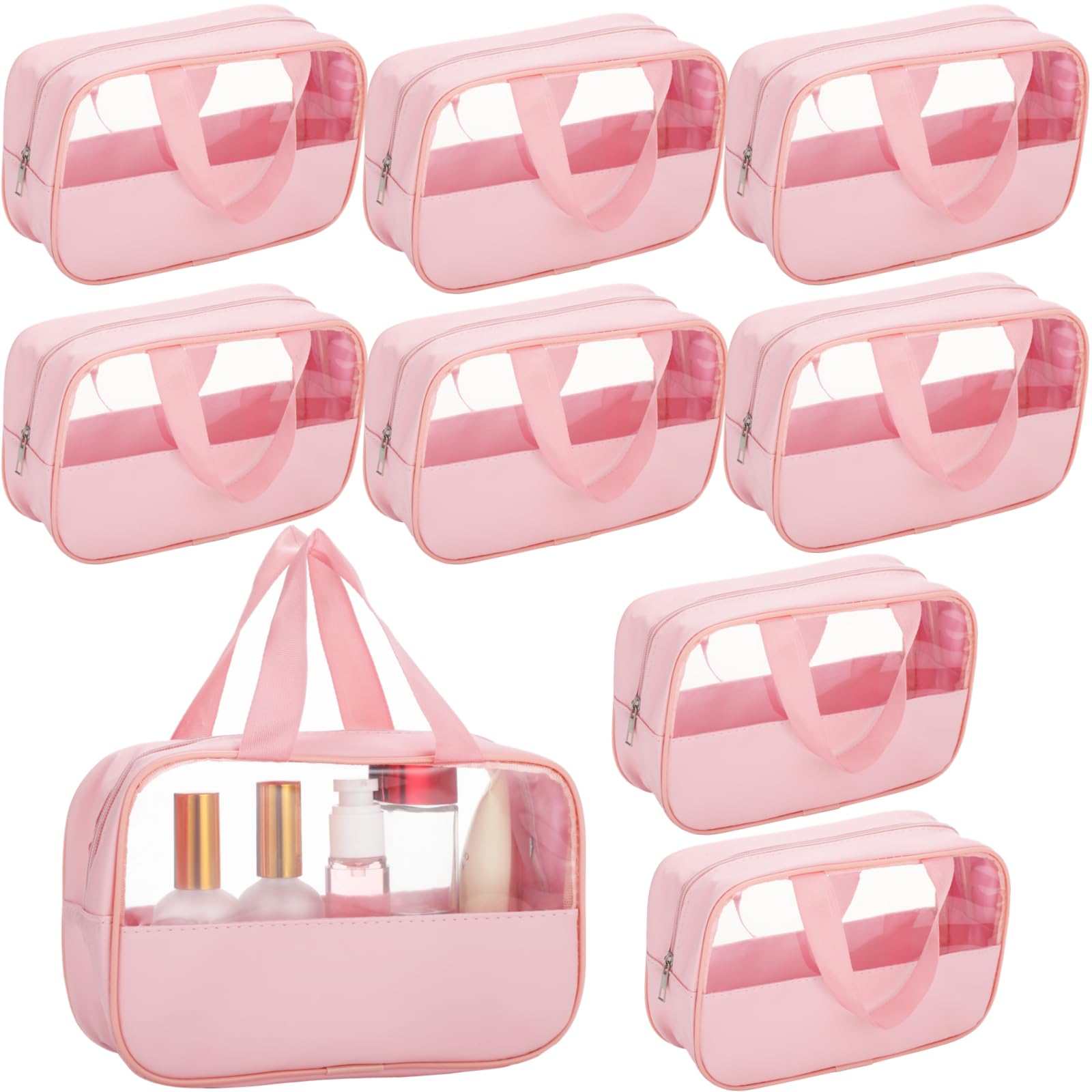 9 STK. transparente rosa Kosmetiktaschen, Organizer für Make-up und Kosmetik, Wasserabweisende Kulturbeutel mit Gurtband-Griffen, mit Sichtfenster, für Reisen, Alltag und Damen