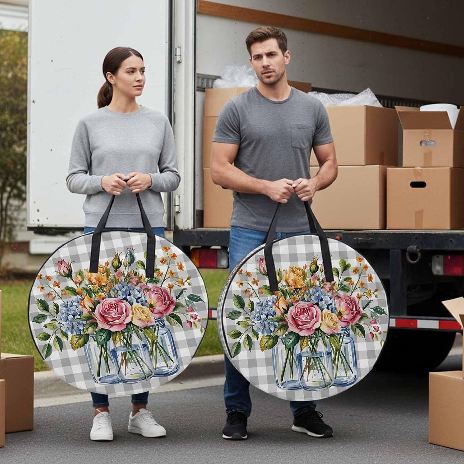 Storage Bag Flower Vase Round Storage Totes Bins Closet Organizers with Zippers & Handle Leaves Plant Grey Plaid Clothes Storage Container for Bedroom Dorm Space Saving Packing Supplies Moving Bags