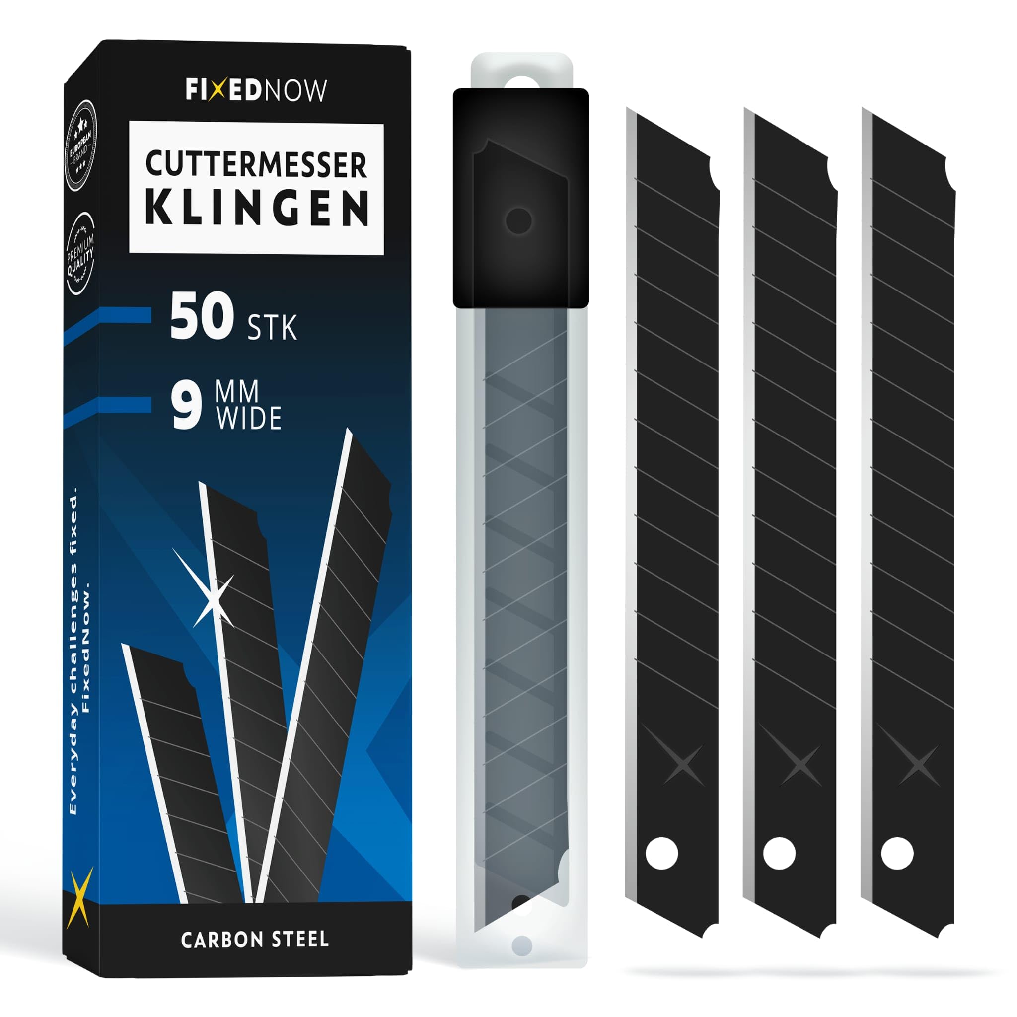 FixedNow 50 x Cuttermesser Klingen 9mm extra scharf aus japanischem Carbonstahl I Abbrechklingen schwarz für Cutter Messer & Bastelmesser I Kattermesser Ersatzklingen, Teppichmesser