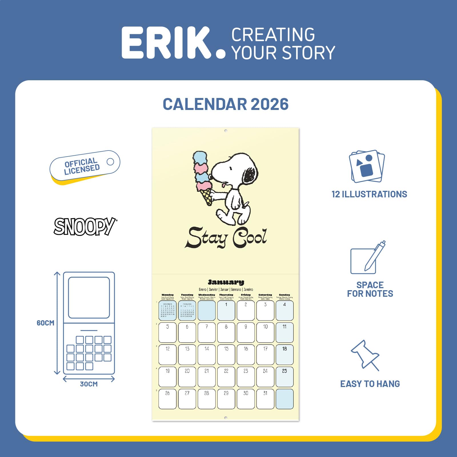 Grupo Erik Wall Calendar 2026 - Snoopy Calendar 2026 | Square 30 x 30 cm - 12 x 12 inches Wall Planner, Family Planner Month To View | Peanuts Snoopy Gifts For Dog Lovers, Gifts For Friends