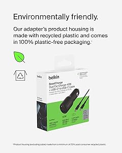 Belkin BoostCharge 42-Watt Dual Port Fast Car Charger w/30W USB-C & 12W USB-A Ports, USB-C to C Cable Included for iPhone 16, 16 Pro, Galaxy S25, S24, Pixel 9 & 8, Nintendo Switch 2 & More - Black