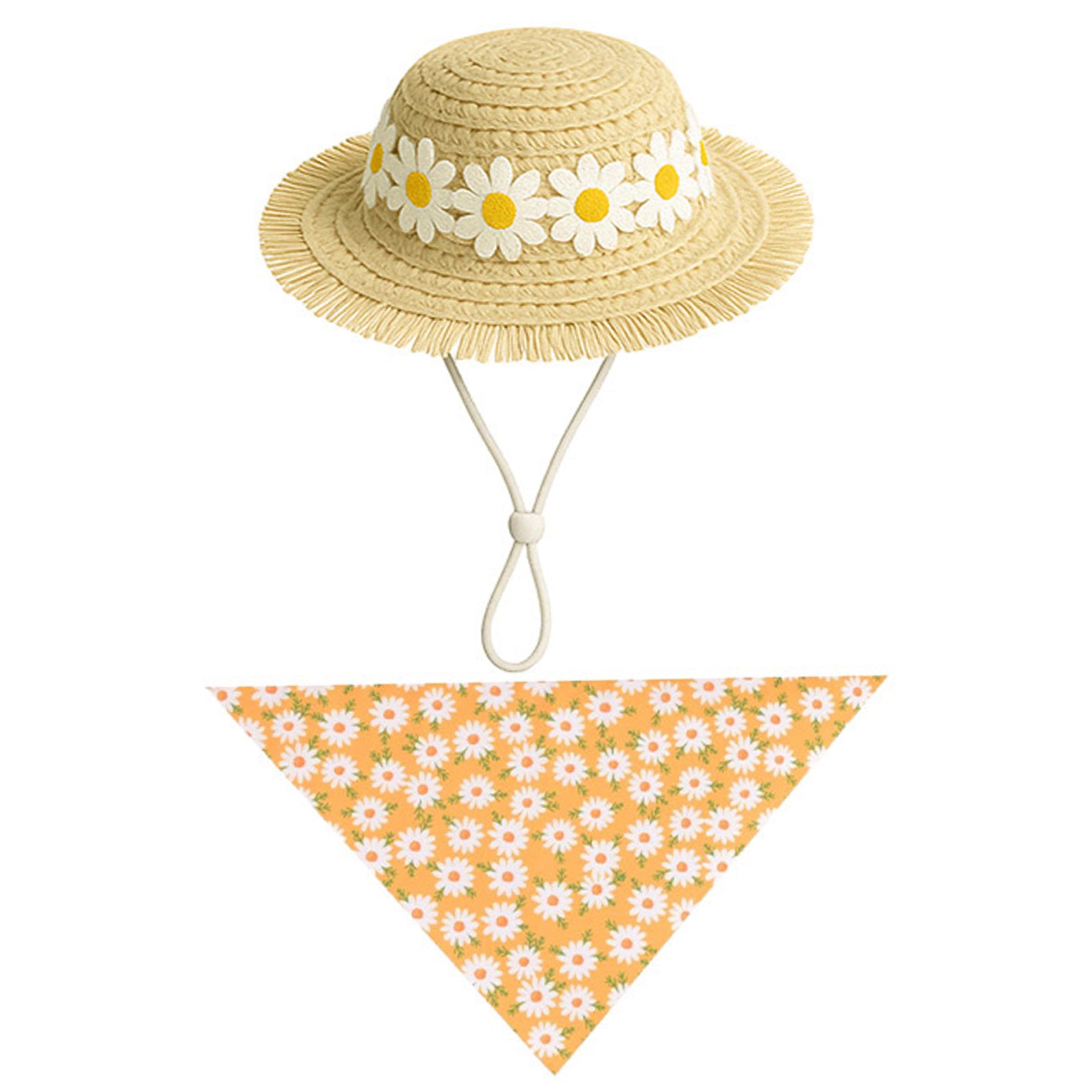 Ginwrek Summer Porch Geese Outfit Porch Geese Outfit, Summer, Daisy Print Straw Hat & Bandana Set for Yard Patio Outdoor - Yellow, One Size