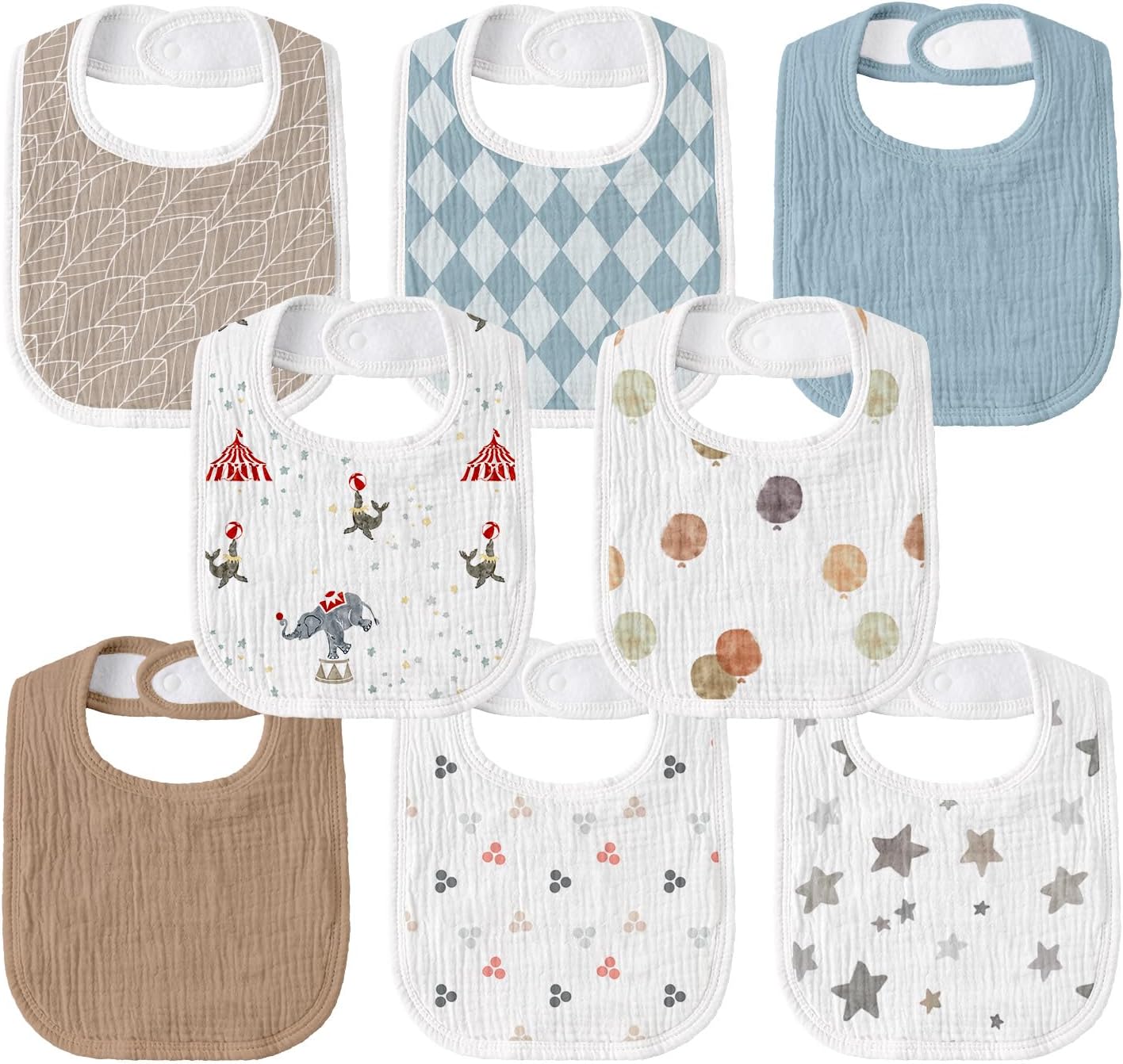 GLLQUEN BABY Muslin Drool Bibs for Boys Girls 8 Pack, Adjustable Baby Bibs for Drooling and Teething, Soft Cotton Baby Bandana Bib for Newborn Feeding Essentials (Circus)