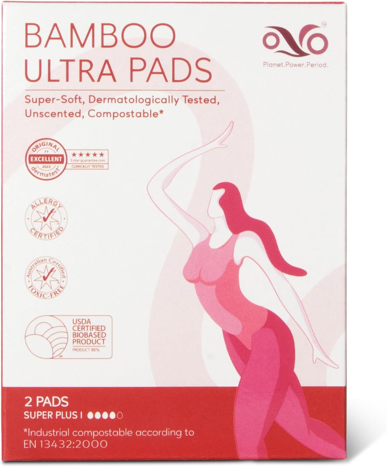 OVO Bamboo Cellulose Ultra Pads 12.6" with Wings, Super Plus, 2 Ct Travel