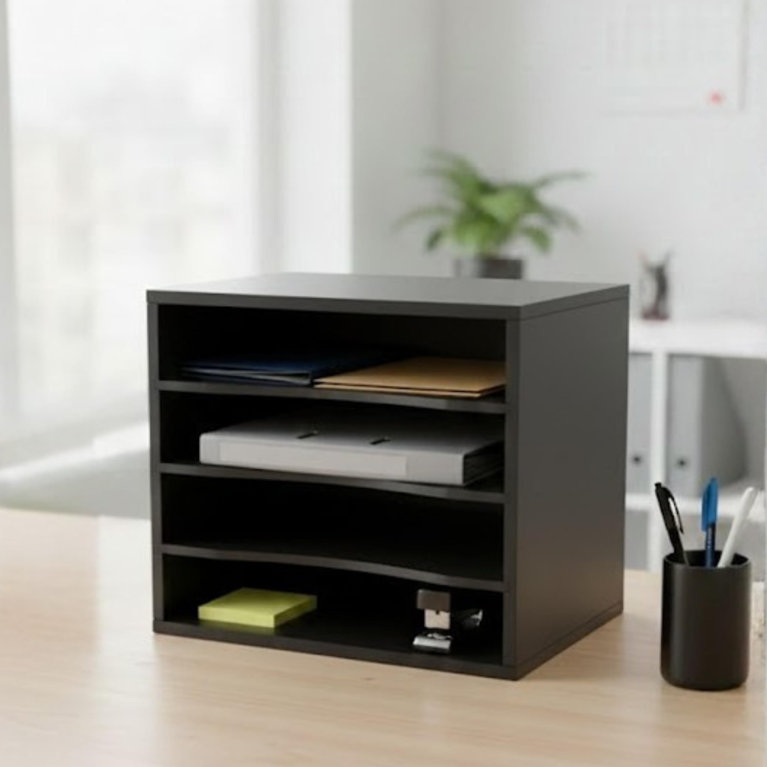 Home Sparkle Wood Desktop Organizer Paper Storage Letter Tray File Sorter for Home Office,White (Black)-image-13