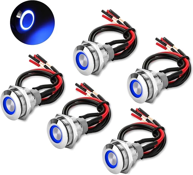 19mm Momentary Push Button Switch, 12V 1NO1NC SPDT 4 Pin Self-locking Round ON-OFF Metal Latching Switch with Blue Indicator Light & Cable for Car RV Truck Boat 3/4" Mounting Hole (5 Pack, Silver)