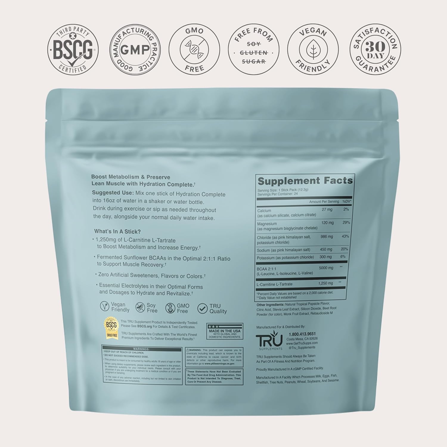 TRU Supplements Hydration Complete BCAA, Plant Based Amino Acids + Pink Himalayan Salt, Electrolytes & L-Carnitine, Vegan, Zero Calories, No Artificial sweeteners, 24 Servings, Tropical Popsicle