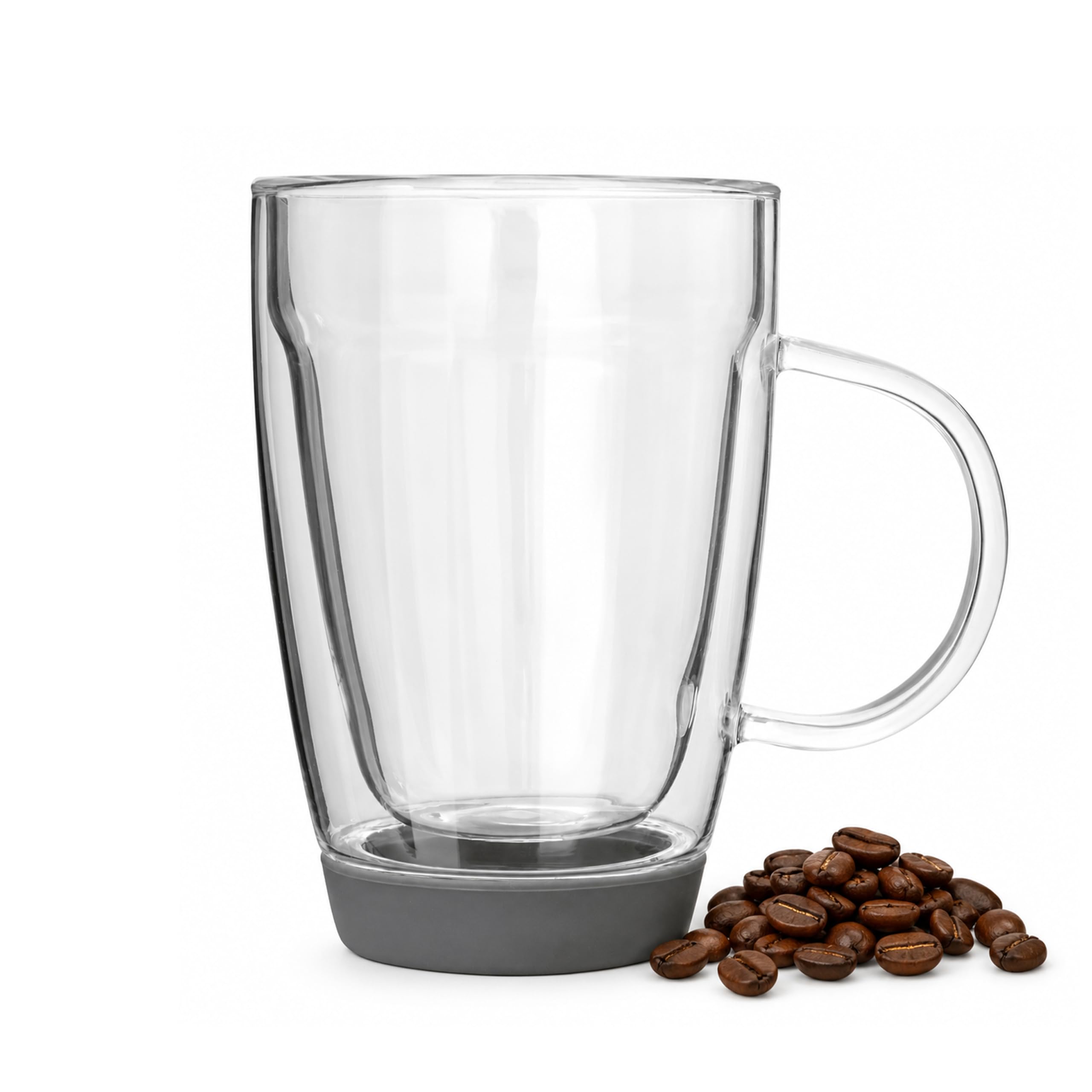 350ml Double Wall Glass Coffee Mug - Insulated Borosilicate Glass - Non-Slip Silicone Base - Clear - Premier Housewares