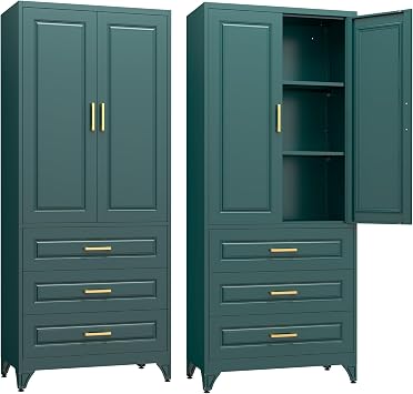 SteeLoong 75" Kitchen Pantry Cabinet with 3 Drawer,Metal Storage Cabinets with Doors and 2 Adjustable Shelves,Green Kitchen Cabinet with 2 Gold Handles,Food Cupboard for Livingroom,Pantry, Bathroom