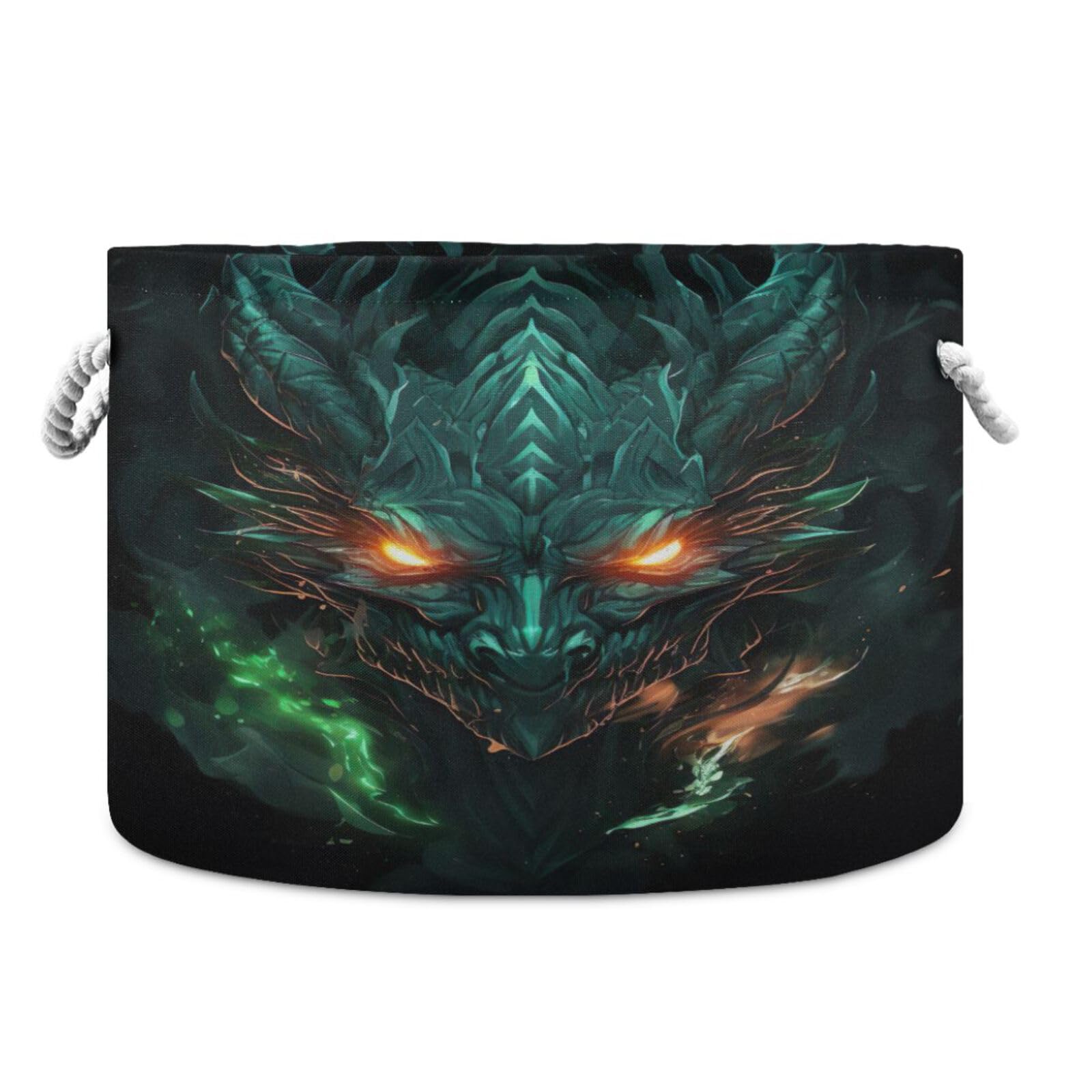Round Green Fire Flame Dragon Storage Basket Large Organizer Bin Laundry Hamper Toy Storage Basket with Handle for Nursery Clothes Toys 202b5299