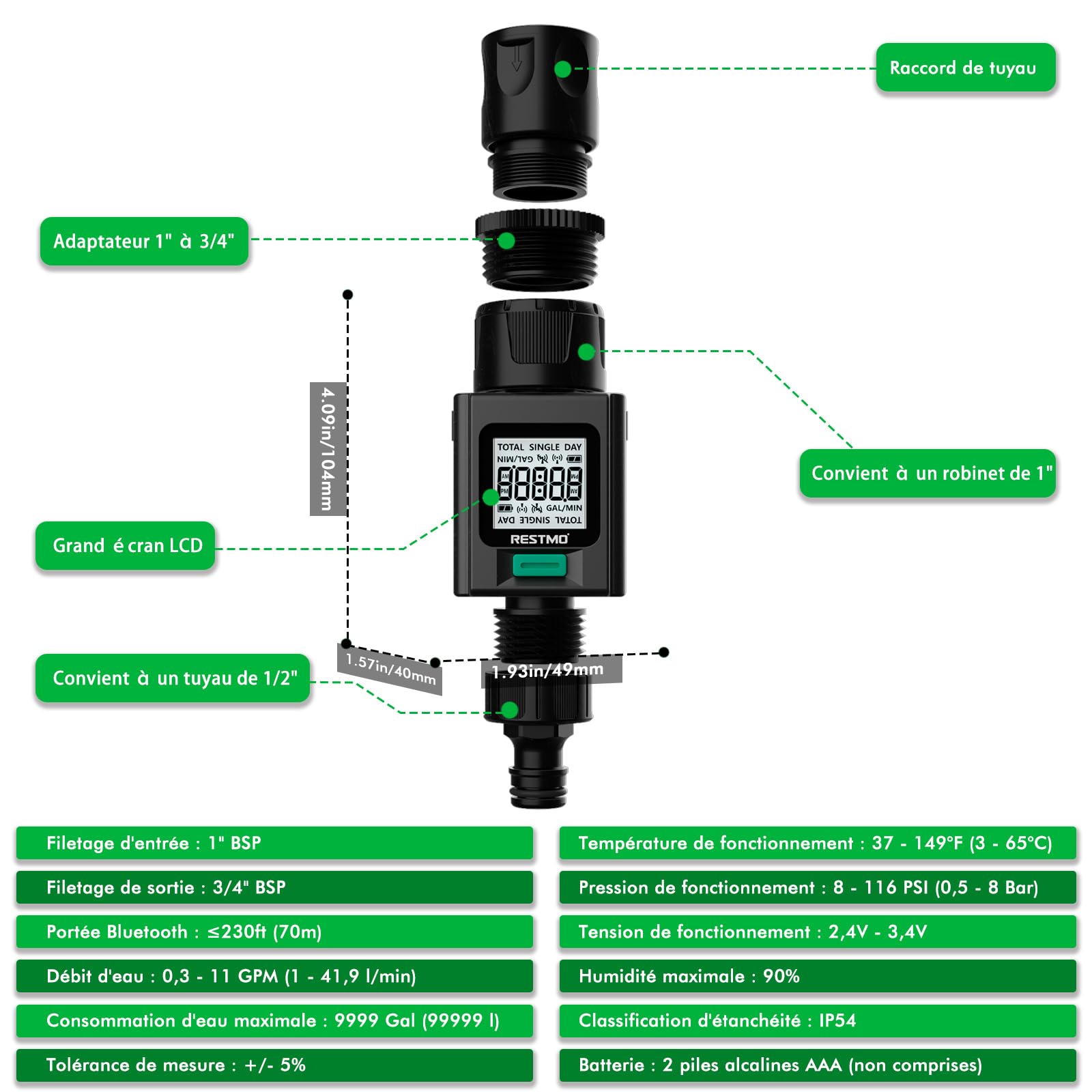 RESTMO Compteur de débit d'eau Intelligent Robinet Tuyau d'arrosage