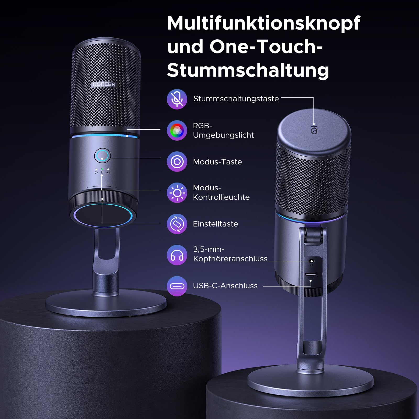 UGREEN Mikrofon Gaming für PC USB Microphone mit RGB Licht 24bit/96kHz Stummschalttaste Gaming Mic für PS5 /PS4 Kondensatormikrofon für Streaming, Podcasting, Aufnahme, Laptop