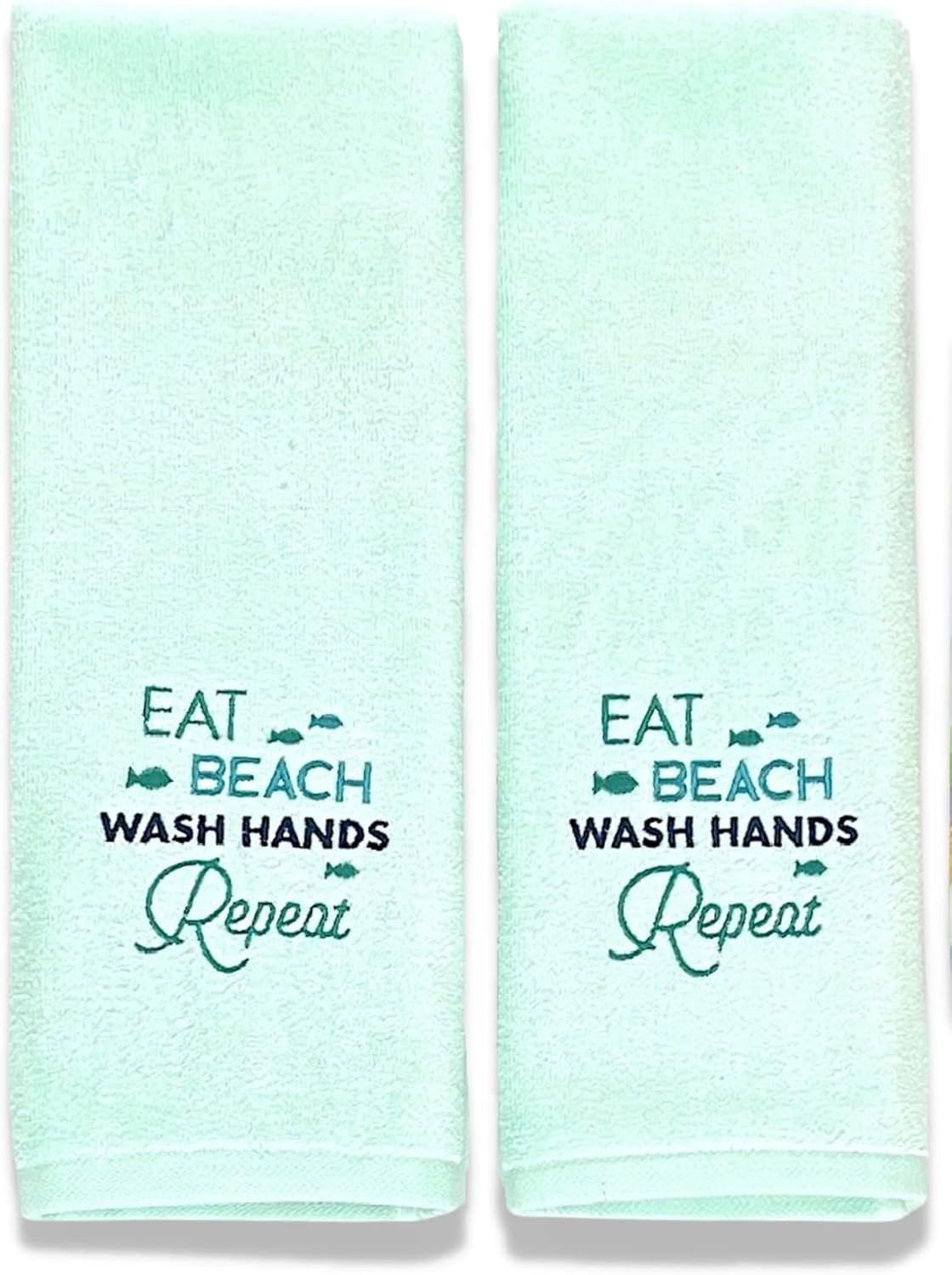 Serafina Home Summer Soft Absorbent Guest Beach Hand Towels: Summer Eat Beach Wash Hands Repeat Embroidered Design, 2 Piece (Repeat Beach)